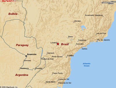 map from Mapquest.com shows the location of Londrina in the State of Parana in Brazil