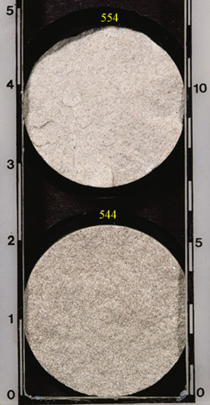 Comparison between color and fracture of quartzose and lithic sandstones in core. 