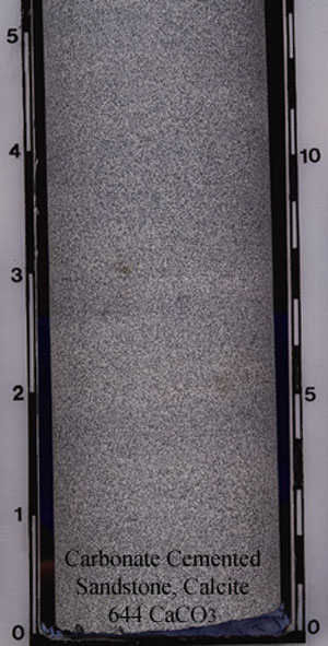 Calcite-cemented sandstone (64X CaCO3) in core. 