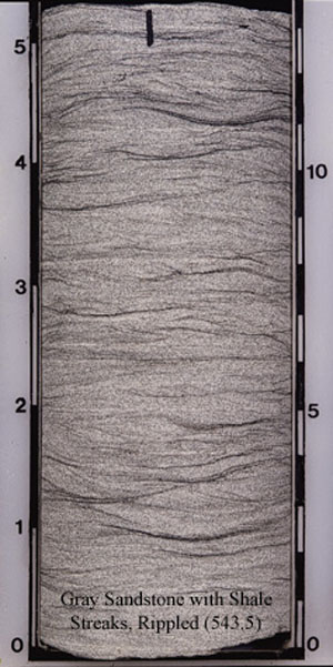 Sandstone with thin shale streaks (543.5) in core.