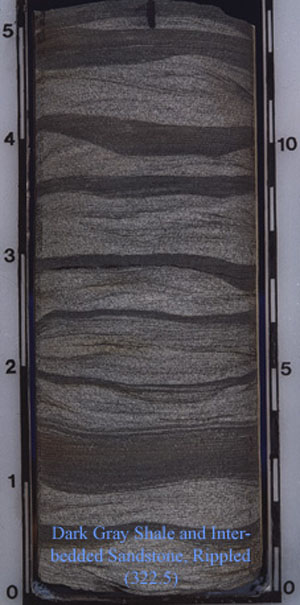 Interbedded sandstone and shale (layered) (322.5) in core.