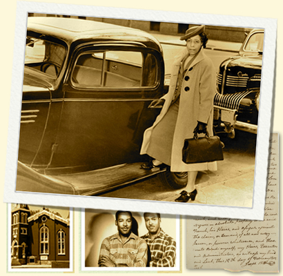 Woman standing beside car; St. Paul AME Church, Lexington; Marvin and Morgan Smith, nationally famous  photographers from Nicholasville