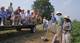 photo showing REAP tour attendees listening at the edge of a UK soybean test field as Dr. Saratha Kumudini explains the SBR project research and takes questions. 