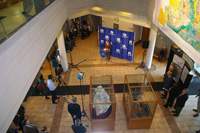 The news conference in the atrium of the Mining and Mineral Resources Building.