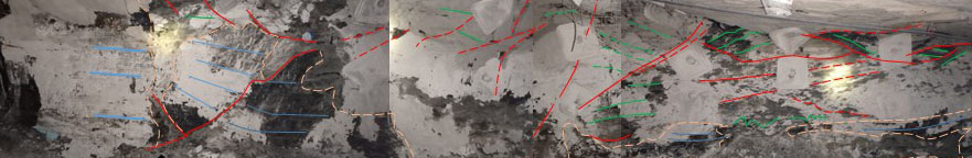 ناپیوستگی گسترده رگه رسی در بستر زغال سنگ هرین (W. Ky. No. 11).  زغال سنگ همان ارتفاع تصویر پوشاننده است.  رگه رسی پهن به نظر می رسد زیرا ورودی موازی با محور طولانی رگه رسی است.