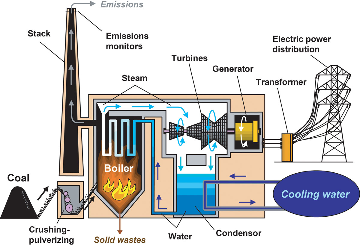 نحوه استفاده از زغال سنگ برای تولید برق در یک نیروگاه معمولی زغال سنگ با دیگ ذغال سنگ پودر شده.