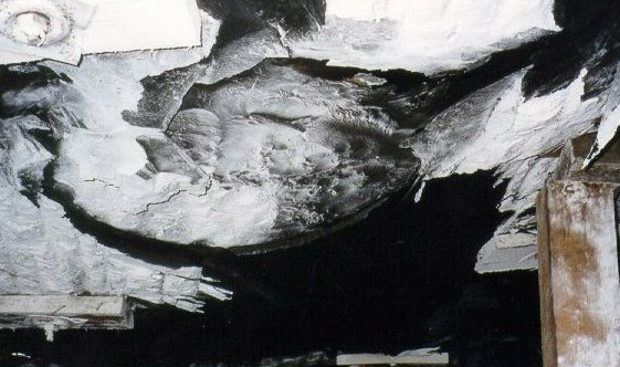 بتن بزرگی که از بین پیچ ها در یک سقف شیل خاکستری تیره سقوط کرد (از گرب و کاب، 1987).