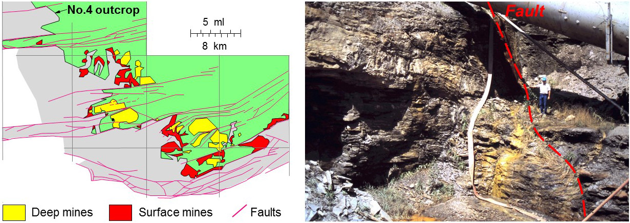 بسیاری از معادن سطحی و عمیق (A) در درز شماره 4 کنتاکی غربی با گسل های تکتونیکی هم مرز هستند.  (ب) رد گسل در نزدیکی دهانه معدن در زغال سنگ شماره 4 کنتاکی غربی.