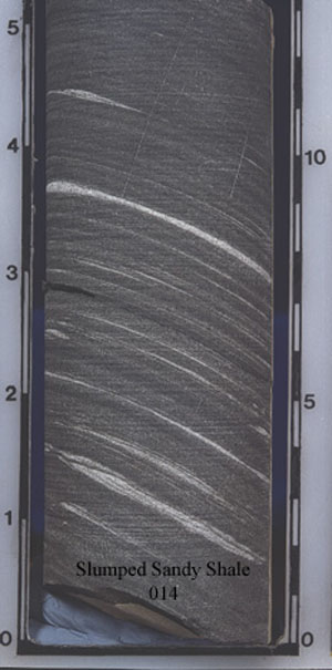 Example of a sandy shale slump in core (014).