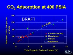 Linear relationship between organic content and carbon dioxide adsorption at 400 psia