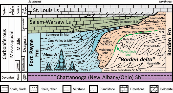 Stratigraphic relationships of the Fort Payne and Borden Formations in south-central Kentucky.                 Formations are colored to highlight mapped units (from Greb and others, 2008). 
