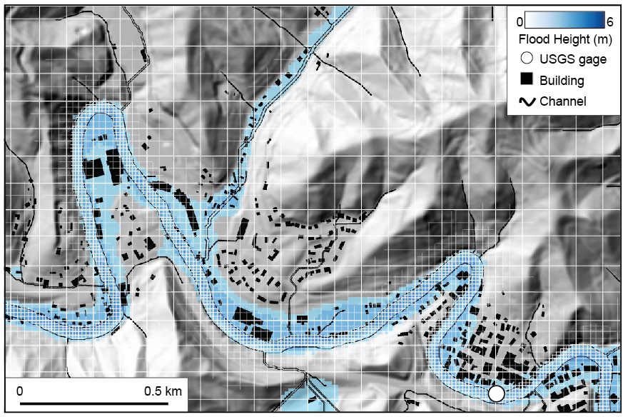 Flood modeling visualization showing water depth and flow patterns