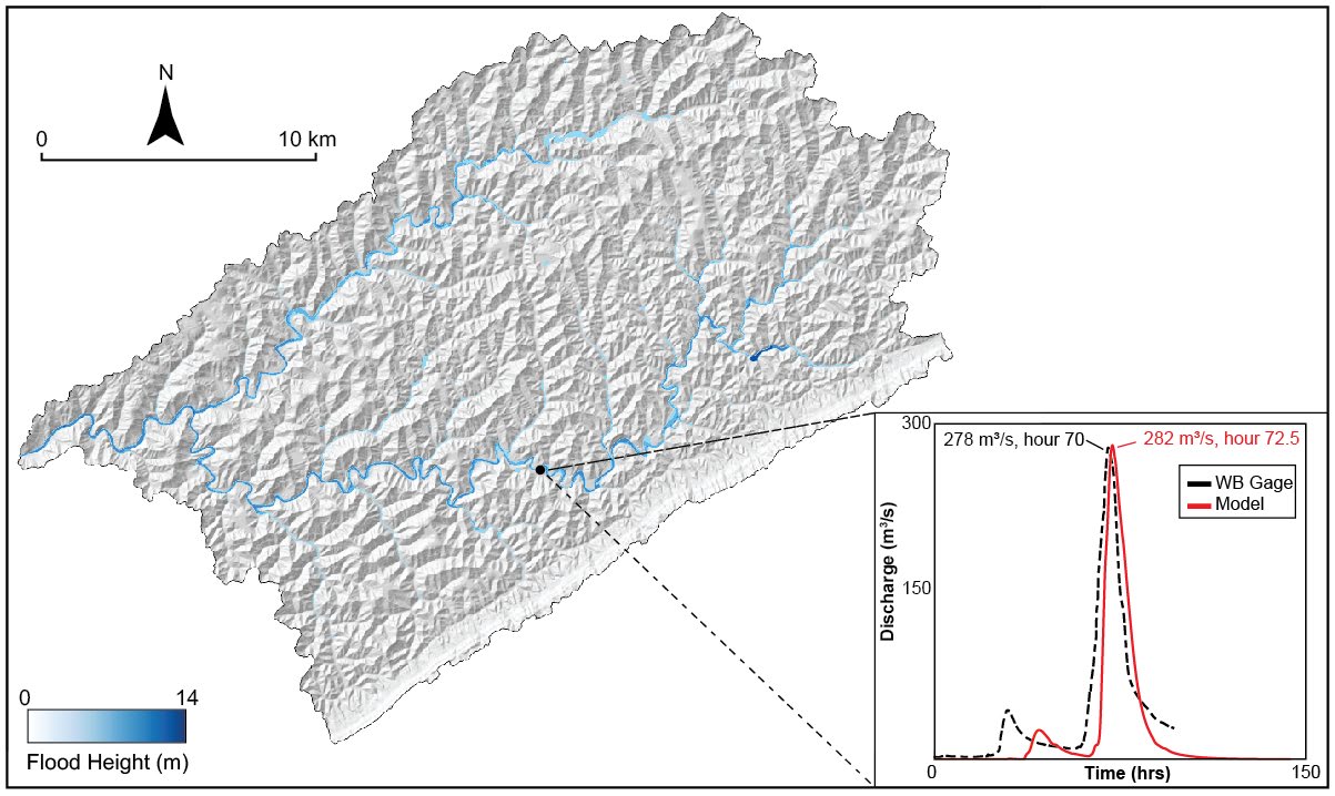 Flood modeling results with channel details and elevation data