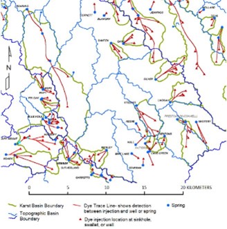Dye-trace flow paths derived from portion of a Lexington karst atlas map.