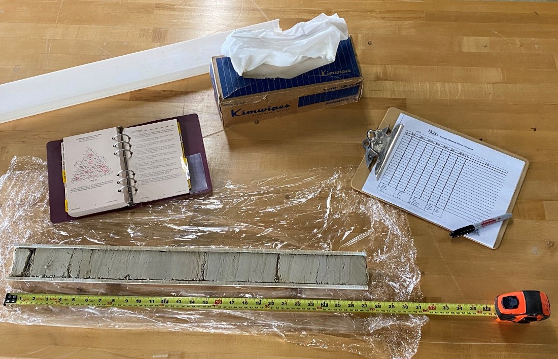 Dried soil core and associated tools, collected by KGS staff in 2014.