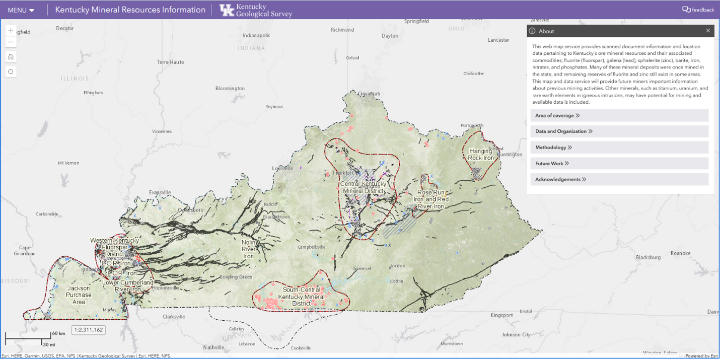 Homepage of the KGS-hosted Kentucky Minerals Resources Information Map Service.