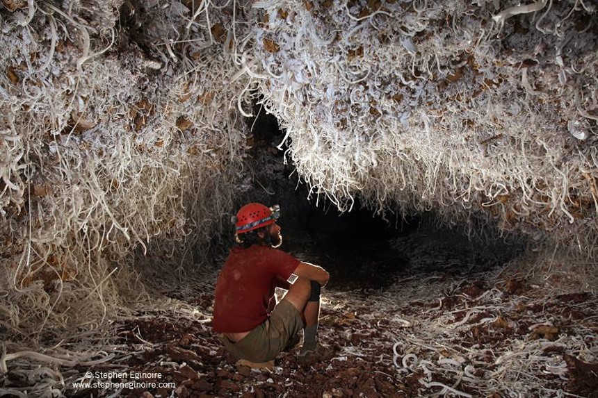 KGS geologist Ben Tobin admires gypsum curls in Double Bopper Cave.