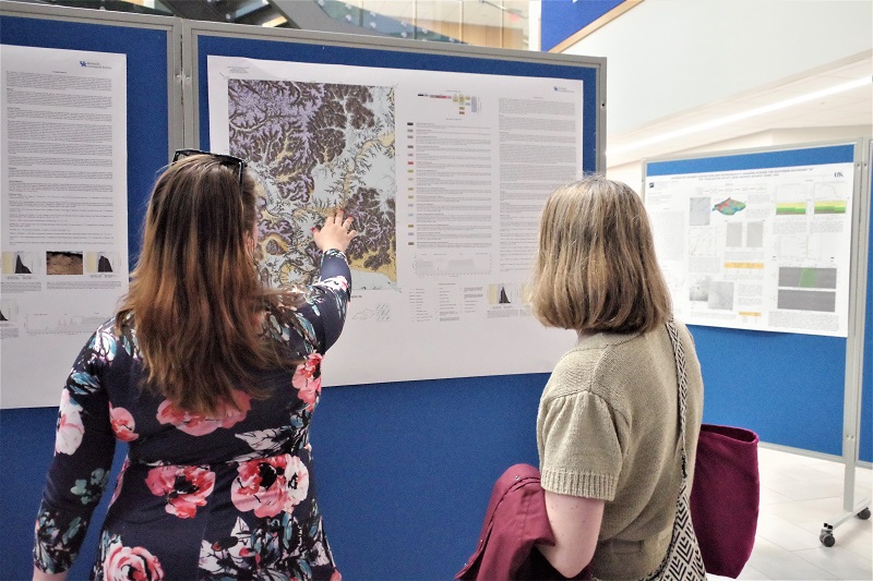 During a morning break, Antonia Bottoms explained a surficial map she and other KGS mappers prepared with funding from the USGS STATEMAP program.