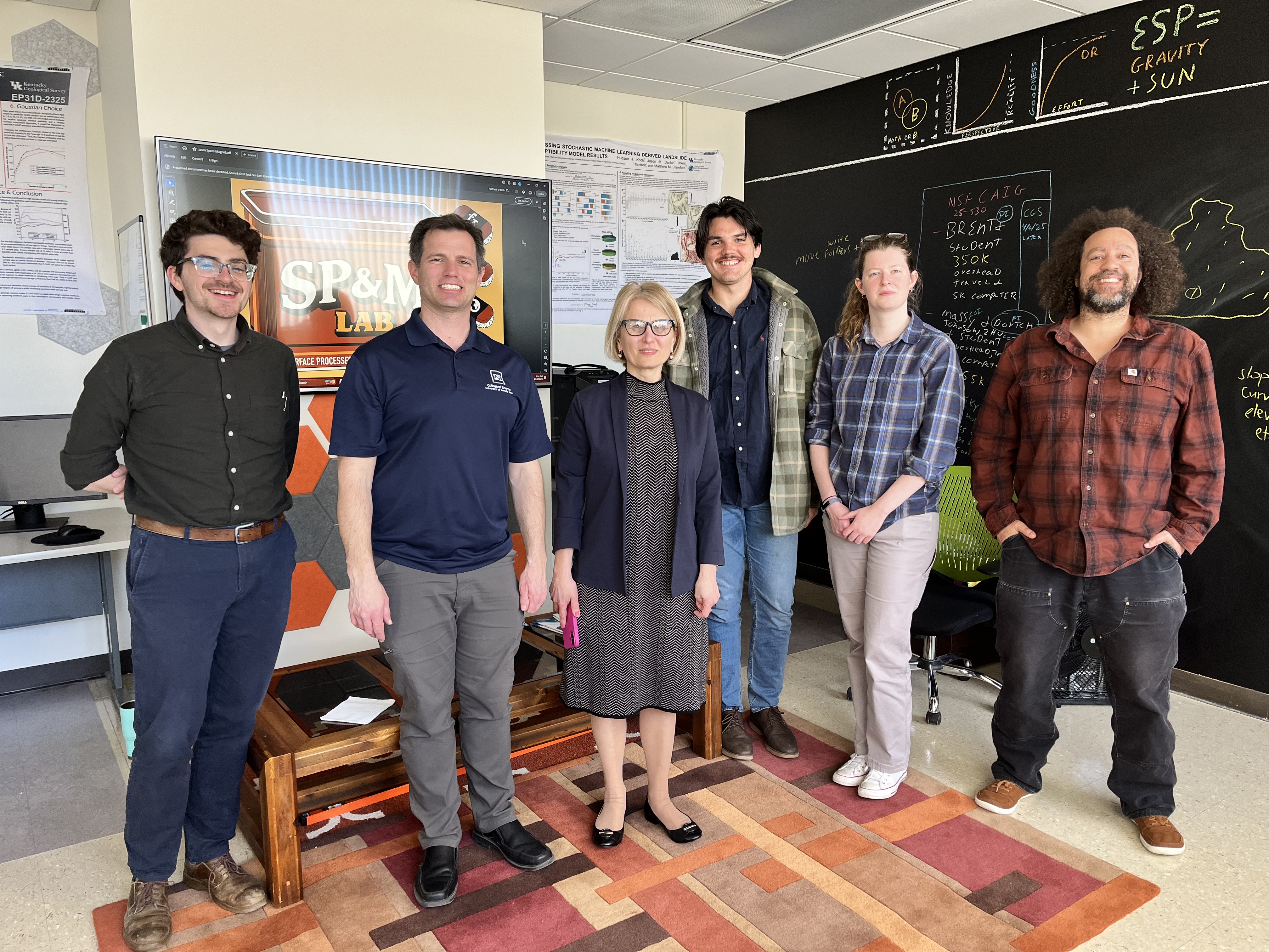 SP&M Lab welcomes visiting scholar Dr. Onena Ivanik, a senior landslide scientist from the University of Kyiv. Pictured here are Hudson Koch (KGS), Dr. Dan Sturmer (University of Cincinnati), Dr. Orena Ivanik (University of Kyiv), Ryan Ramsey (KGS), Evelyn Bibbins (KGS), and Dr. Jason Dortch (KGS).