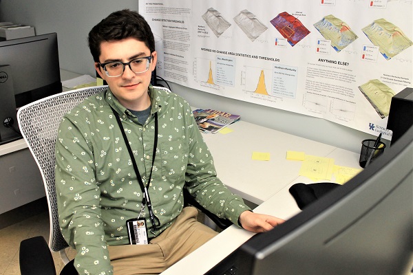 Hudson Koch works with LiDAR data in the KGS Digital Earth Analysis Laboratory.