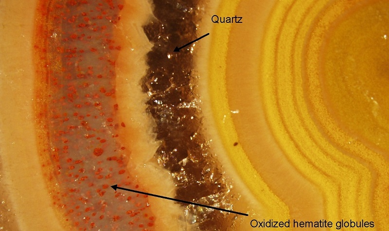 Microscopic photographs of Kentucky agates, quartz, oxidized hematite globules