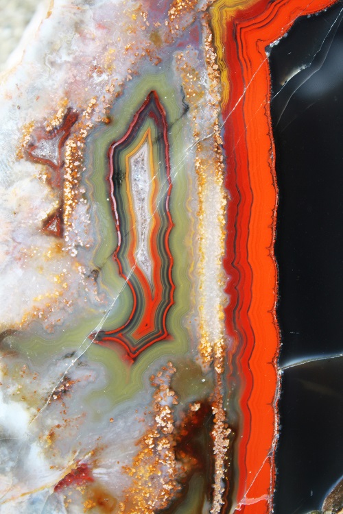 Kentucky agate, Estill County: This specimen is part of the KGS mineral collection and on display in the foyer of the Mining and Mineral Resources Building on the UK campus.