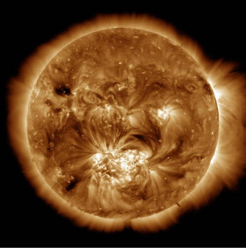 Image of corona from NASA's Solar Dynamics Observatory showing features created by magnetic fields.