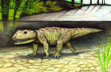 An anthracosaur swimming in a Carboniferous bayou