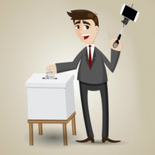 Cartoon man casting his vote and taking selfie with a selfie stick