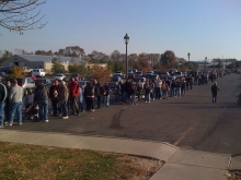 Long line of Ohio voters standing outside of voting place