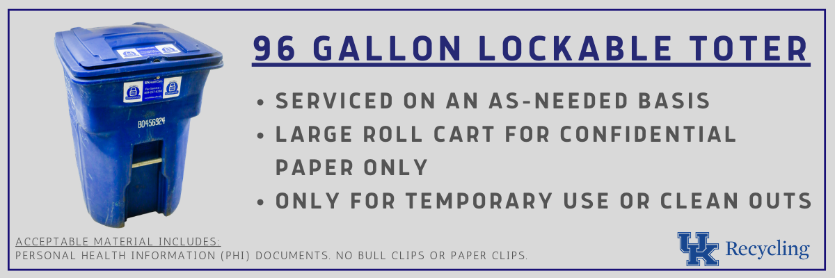 a confidential paper 96 gallon lockable toter. On the right reads, serviced on an as-needed basis. Large roll cart for confidential paper only. Only for temporary use or clean outs.