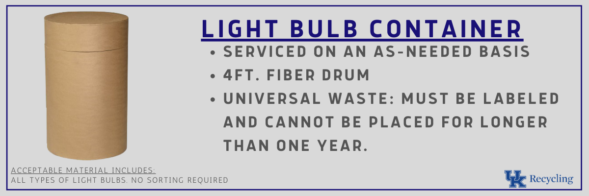 a light bulb container. On the right read, serviced on an as-needed basis. Four feet fiber drum. Universal waste: must be labeled and cannot be placed for longer than one year.