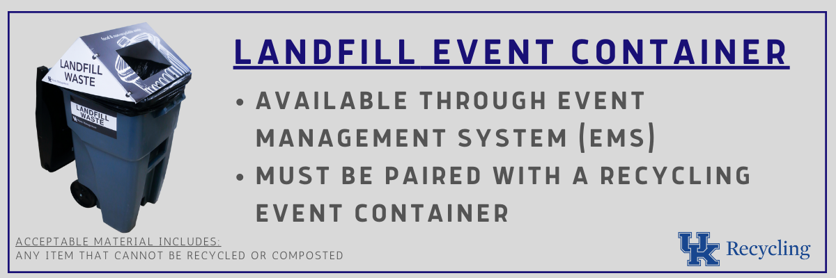 a landfill event container. On the right reads, available through event management system (EMS). Must be paired with a recycling event container.