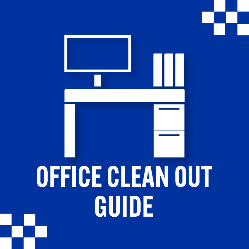 an icon of an office desk with a monitor, it reads office clean out guide