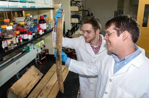 Zac Byrd, left, and Jarrad Gollihue examine the spirit penetration line (aka the red line) in a bourbon barrel stave. Photo by Steve Patton, UK Ag Communications