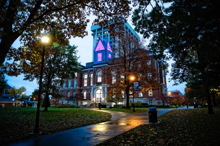 Exterior view of Main Building at night.